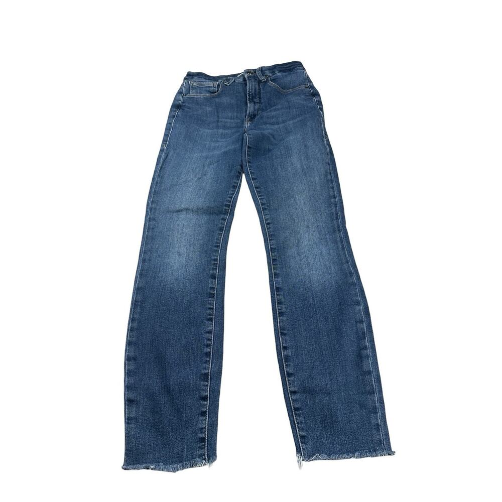 Good American Good Waist Jeans Raw Hem Cropped Blue Denim Distressed Sz 4/27